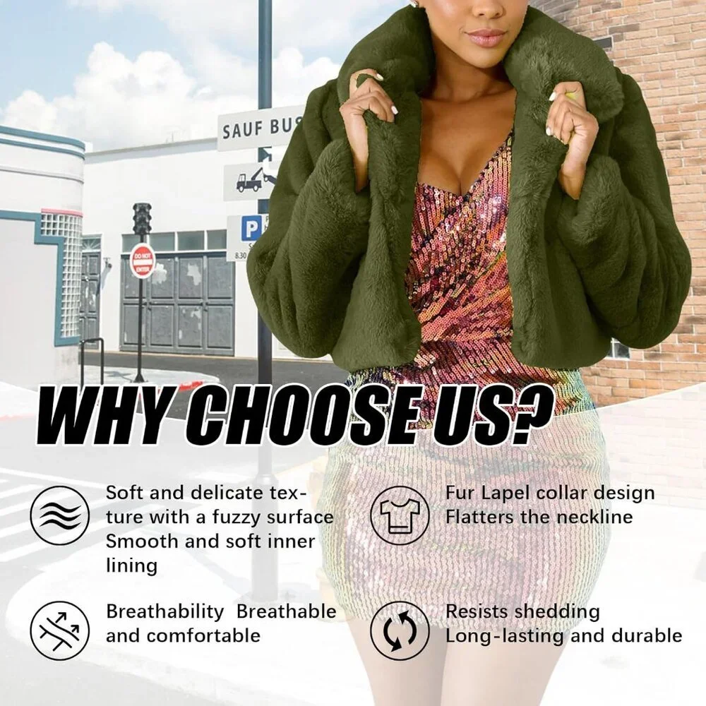 Women's Winter Faux Fur Long Sleeve Jacket Shaggy Open Front Cardigan Army Green - Picture 5 of 6